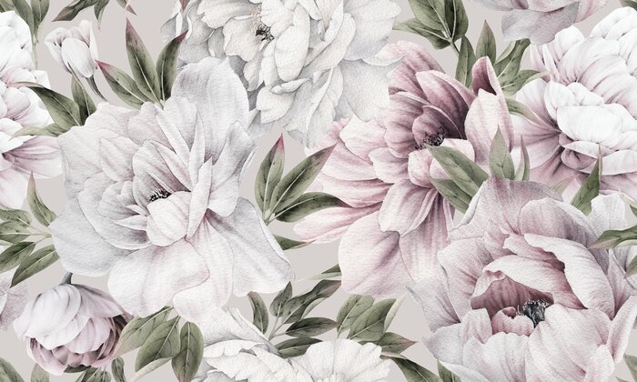 Poster Seamless floral pattern with peonies on summer background, watercolor illustration. Template design for textiles, interior, clothes, wallpaper