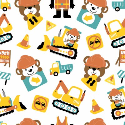 Seamless pattern of construction vehicle cartoon with funny animals woorker