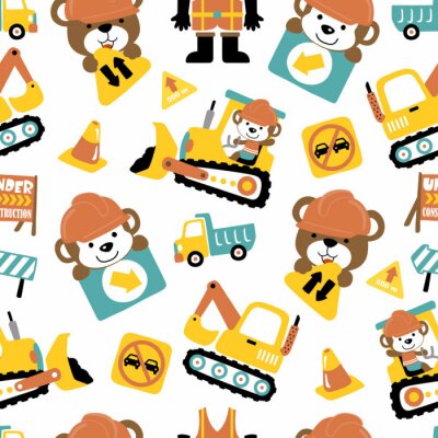 Tapete Seamless pattern of construction vehicle cartoon with funny animals woorker