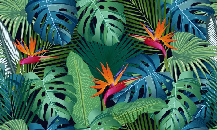 Poster Seamless pattern tropical leaves with bird of paradise on black background