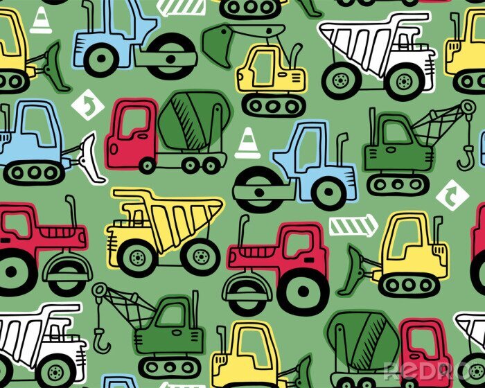 Poster Seamless pattern vector of construction vehicles cartoon