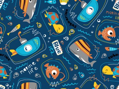 seamless pattern vector of submarine with sea animals cartoon