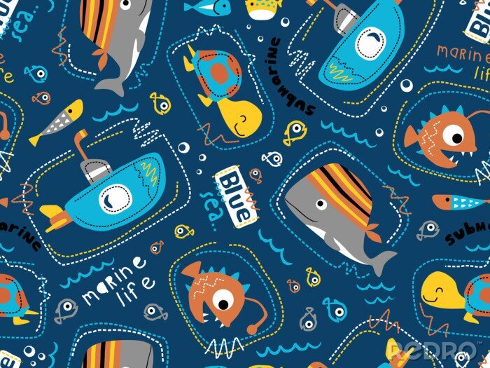 Poster seamless pattern vector of submarine with sea animals cartoon