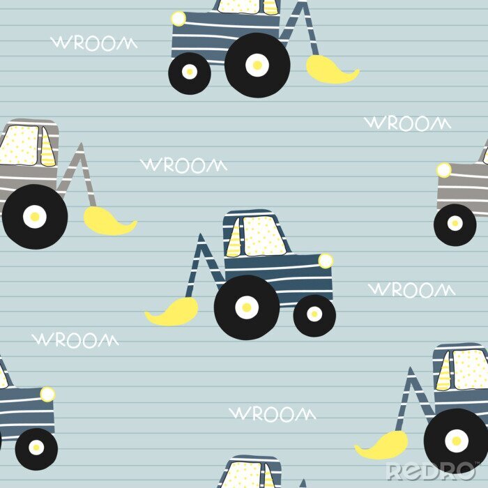 Poster Seamless pattern with bulldozer. Kids funny textile print. Vector hand drawn illustration.