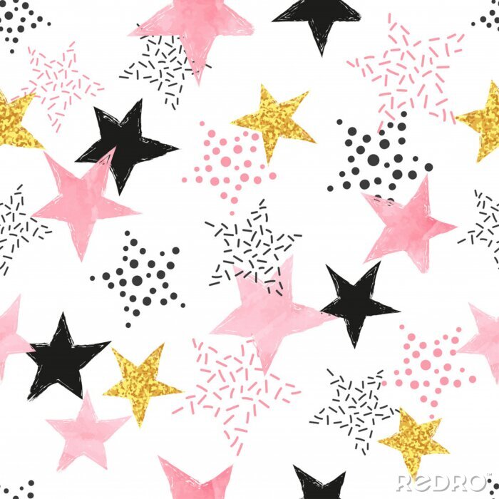 Poster Seamless Stars pattern. Vector background with watercolor pink and glittering golden stars.