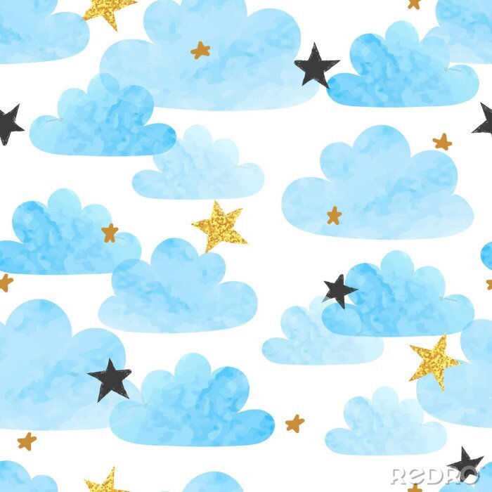 Poster Seamless vector blue watercolor clouds and stars pattern. 