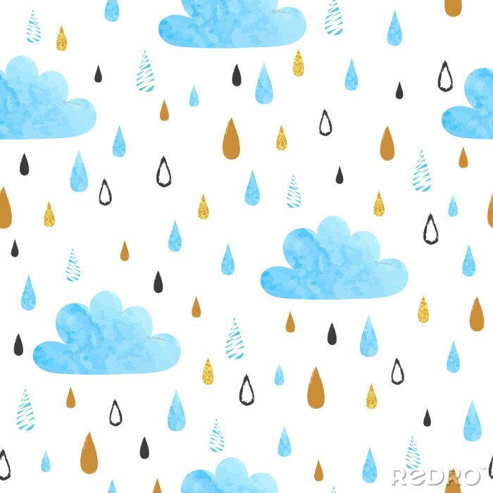 Poster Seamless vector pattern with watercolor clouds and rain drops.