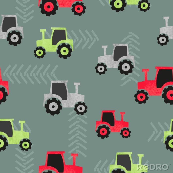 Poster Seamless watercolor colorful tractor pattern for kids.