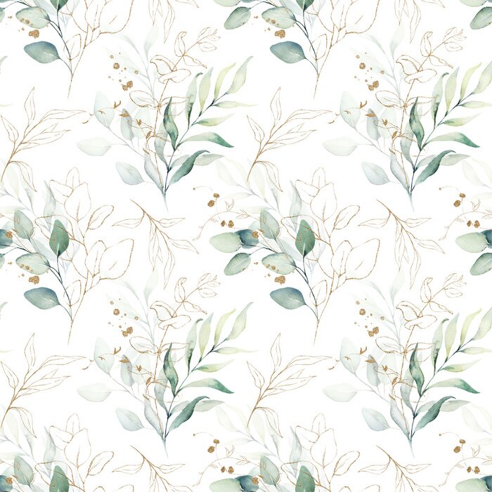 Poster Seamless watercolor floral pattern - green & gold leaves, branches composition on white background, perfect for wrappers, wallpapers, postcards, greeting cards, wedding invitations, romantic events.