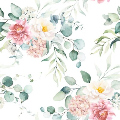 Tapete Seamless watercolor floral pattern with pink & peach cream flowers, leaves composition on white background, perfect for wrappers, wallpapers, postcards, greeting cards, wedding invitations, events.