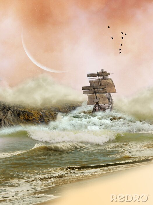 Poster Seelandschaft mit einem Schiff auf dem Wasser