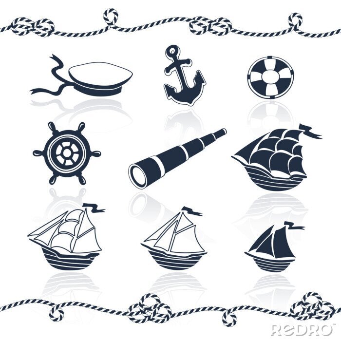 Poster Seeobjekte gesetzt. Marine Vektorsammlung. Schiffe, Anker, Seile, Fernglas, Rad, Matrosenhut, Rettungsring. Nautische Elemente lokalisiert auf weißem Hintergrund