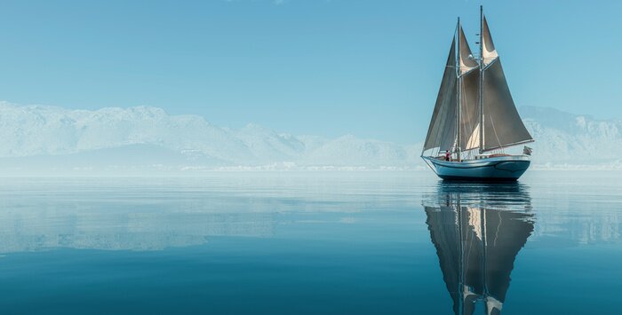 Poster Segelboot auf dem Meer und Berge im Hintergrund