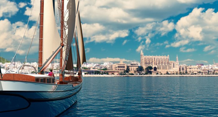 Poster Segelboot vor der Küste der Stadt