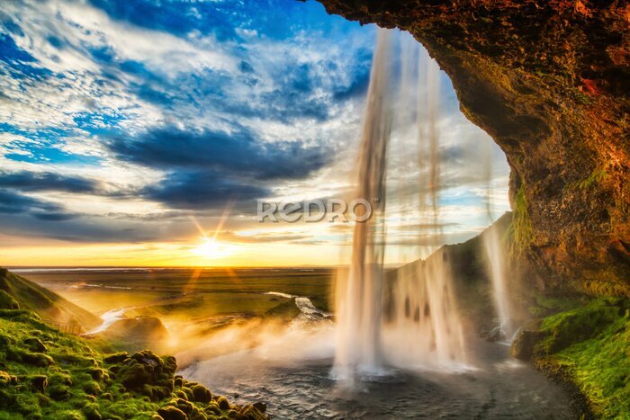 Poster Seljalandfoss waterfall at sunset in HDR, Iceland