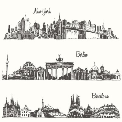 Set cities New york Berlin Barcelona vector sketch