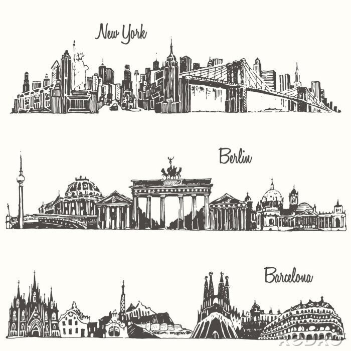 Poster Set cities New york Berlin Barcelona vector sketch
