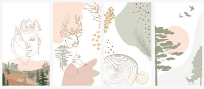 Poster Set of abstract vertical background with forest animals, woman face, plants in one line style and abstract shapes and landscape. Background for social media minimalistic style. Vector illustration