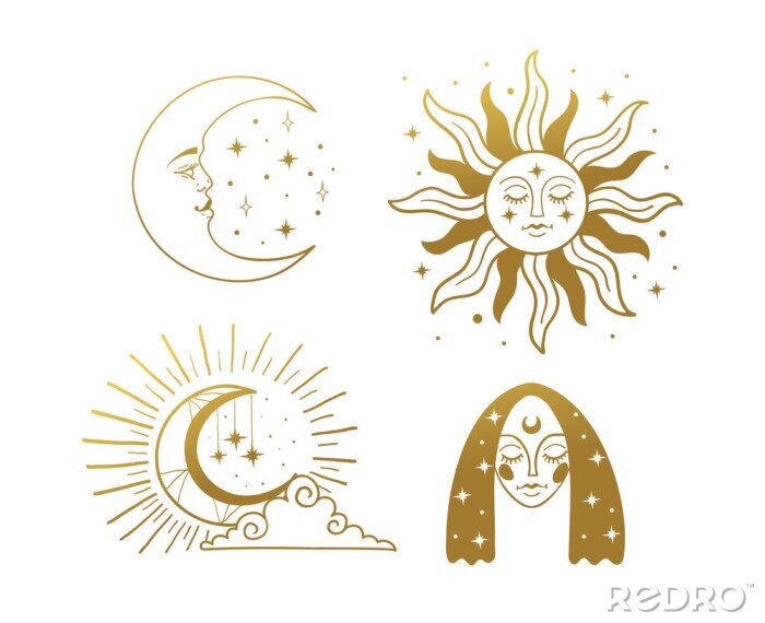 Poster Set of beautiful golden mystical elements in boho style, sun and crescent with a face, the moon, a female face with stars. Elements for design, tattoo, sticker. Linear vector illustration isolated on