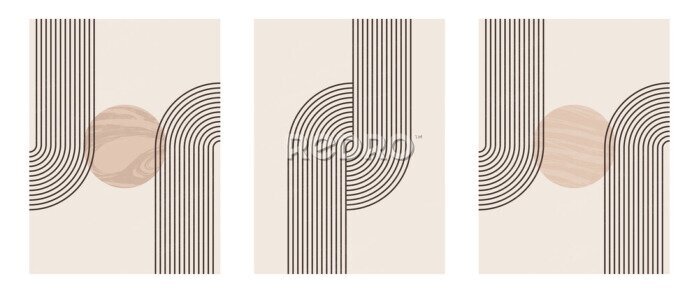 Poster Set of boho modern minimalist abstract line art print with geometric shape.