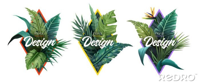 Poster Set of Summer Bright tropical design elements. Print on T-shirts, sweatshirts, cases for mobile phones, souvenirs. Vector illustration