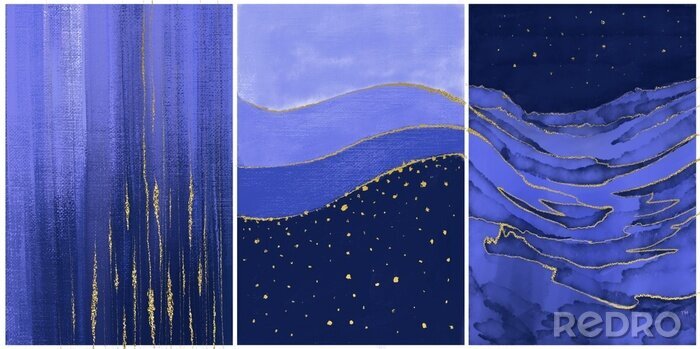 Poster set of three arts with night landscape with sky and stars, minimalistic collection of cover design templates, interior paintings decoration, bundle of elegant modern posters in trendy very peri color
