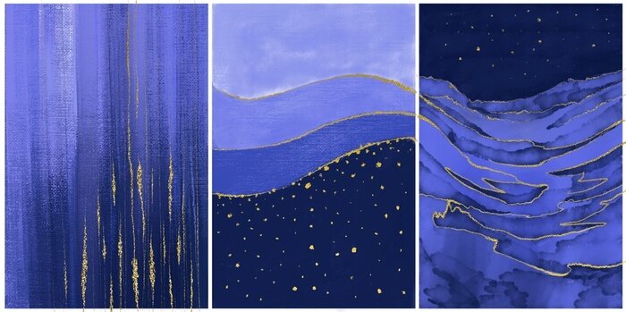 Poster set of three arts with night landscape with sky and stars, minimalistic collection of cover design templates, interior paintings decoration, bundle of elegant modern posters in trendy very peri color