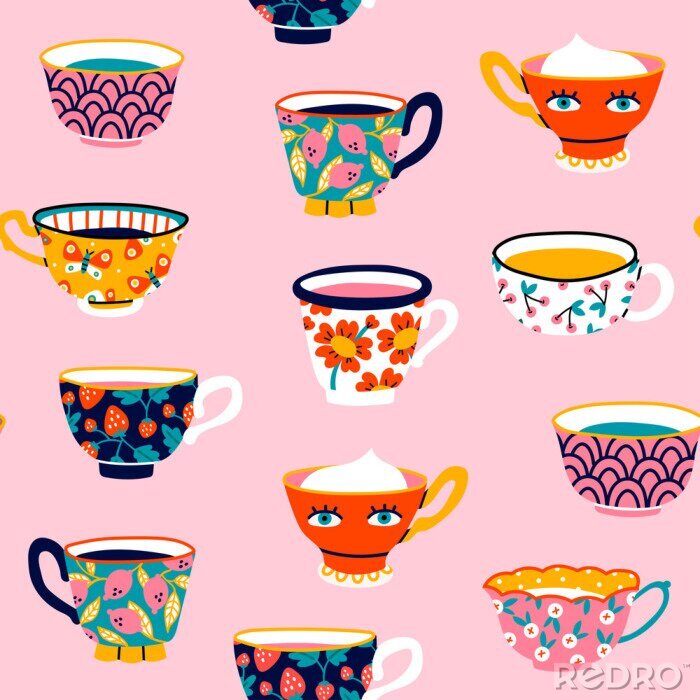Poster Set of various cups with tea or coffee. Side view. Different ornaments. Flowers, berries, etc Hand drawn colored trendy vector seamless pattern. Cartoon style. Flat design. Pink background