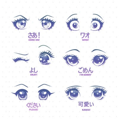 Set von Anime, Manga kawaii Augen, mit verschiedenen Ausdrücken. Kawaii