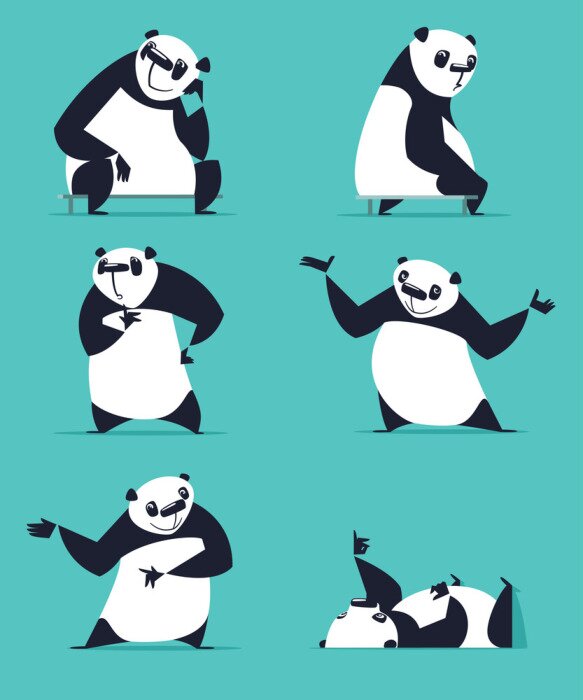 Poster Set von Panda in verschiedenen Posen. Sitzen, Träumen, Denken, Zeigen, Liegen, Einladen, Drehen. Jeder Panda ist in einer separaten Schicht.