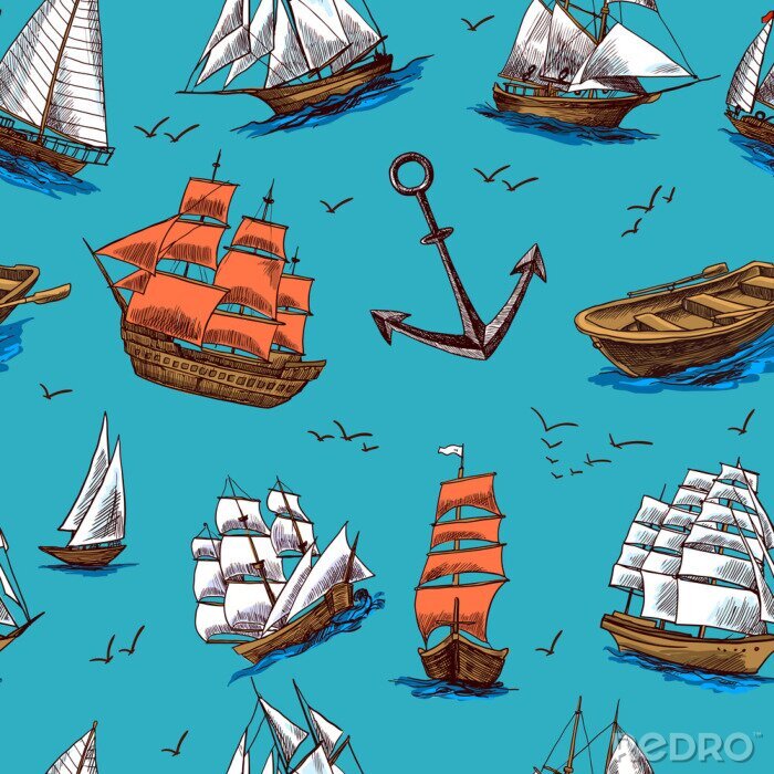 Poster Ships and boats sketch seamless pattern