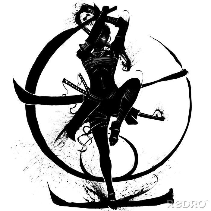 Poster Silhouette of a samurai girl who attacks in a jump with a katana in her hands. 2D Illustration.