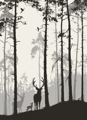 Poster Silhouetten von Hirschen im Wald