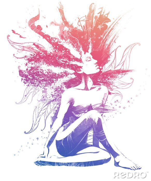 Poster Sitzendes Mädchen mit magischem Haar