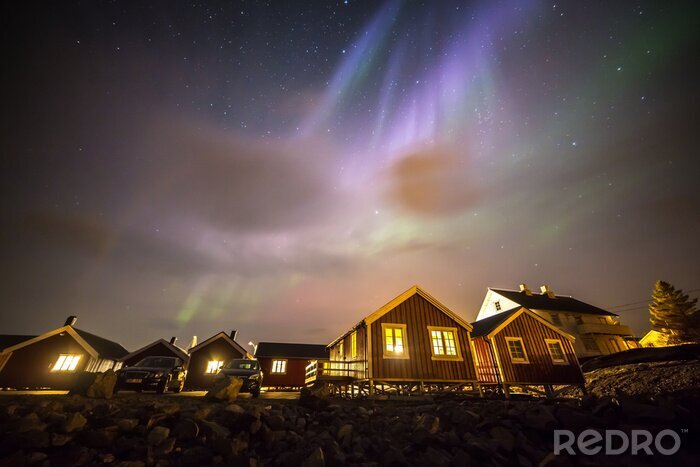 Poster Skandinavische Häuser und Polarlicht
