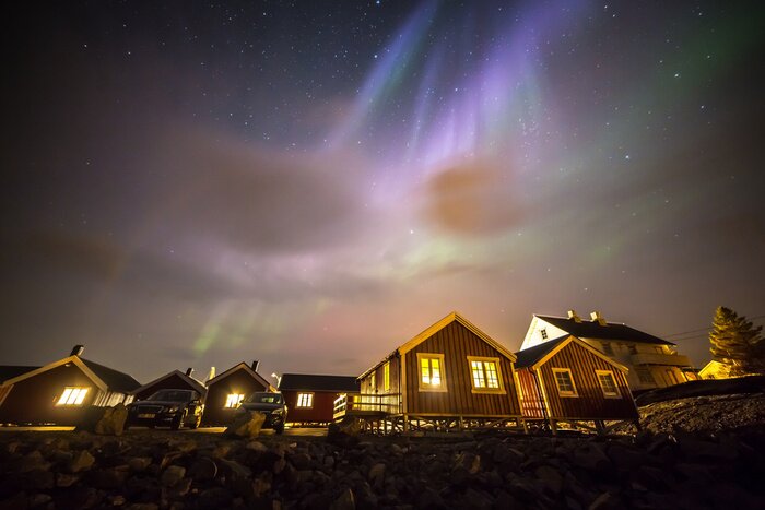 Poster Skandinavische Häuser und Polarlicht