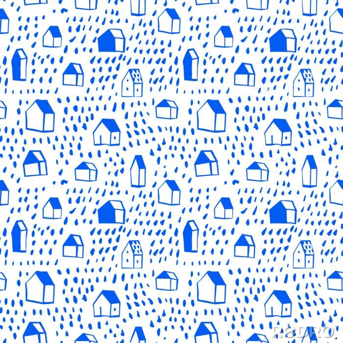 Poster Skandinavische Häuser und Tupfen im Blau