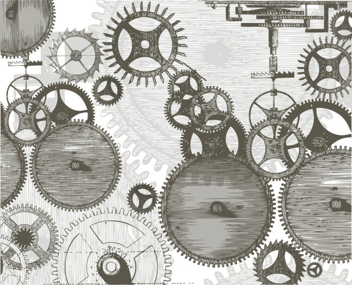 Poster Skizze des Mechanismus mit Zahnrädern