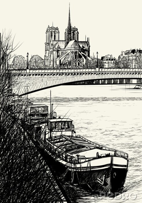 Poster Skizze einer Stadt am Fluss