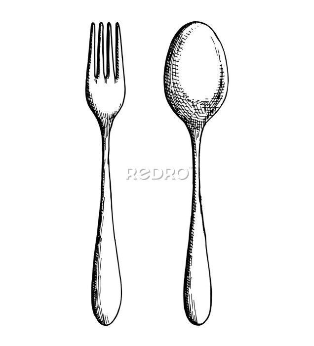 Poster Skizze eines Löffels und einer Gabel