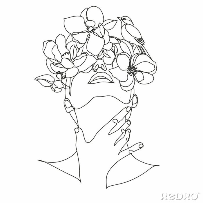 Poster Skizze eines weiblichen Gesichtes mit Blumen