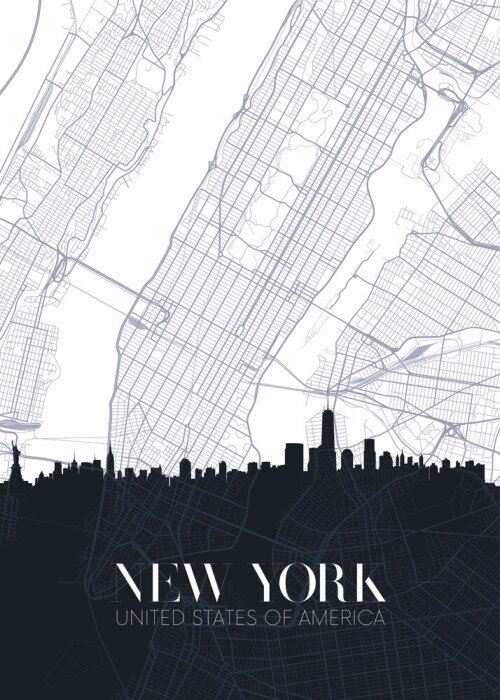 Poster Skyline and city map of New York, detailed urban plan vector print poster