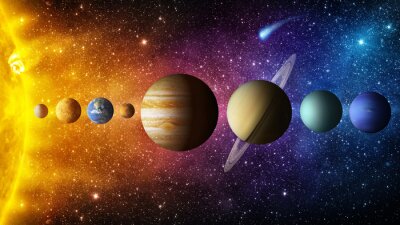 Poster Solar system planet, comet, sun and star. Elements of this image furnished by NASA. Sun, mercury, Venus, planet earth, Mars, Jupiter, Saturn, Uranus, Neptune.  Science and education background.