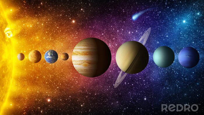 Poster Solar system planet, comet, sun and star. Elements of this image furnished by NASA. Sun, mercury, Venus, planet earth, Mars, Jupiter, Saturn, Uranus, Neptune.  Science and education background.