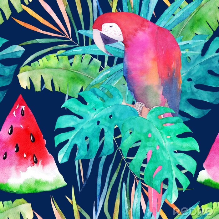 Poster Sommermuster mit Aquarell Papagei, Palmblätter und Wassermelone. Bunte Illustration