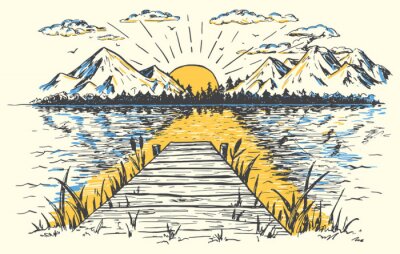 Poster Sonnenaufgang Berge an einem See