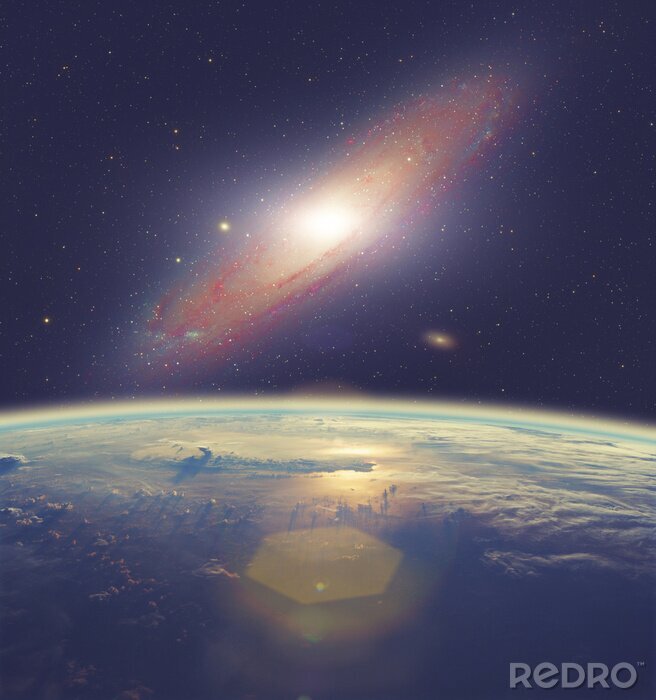 Poster Sonnenaufgang über der Erde mit Blick auf die Galaxie