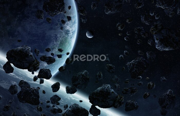 Poster Sonnenaufgang über Gruppe von Planeten im Raum