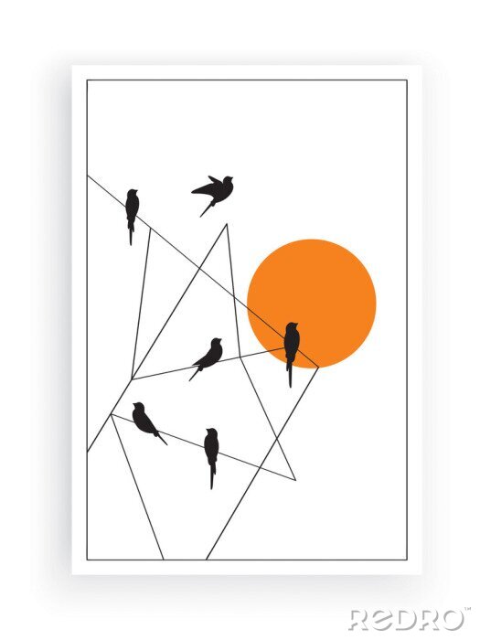 Poster Sonnenaufgang Vögel und geometrische Komposition