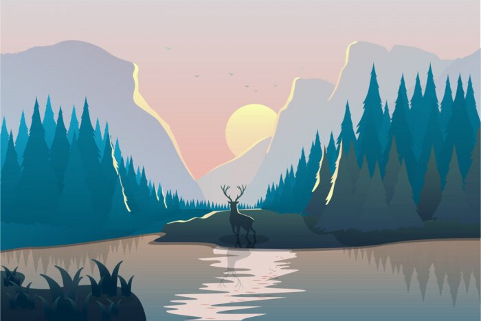 Poster Sonnenaufgang Wald Illustration